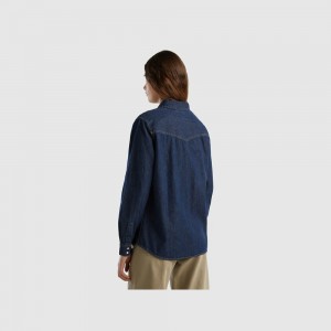Camisas Benetton Western denim Mujer Azules | DQKGHC675