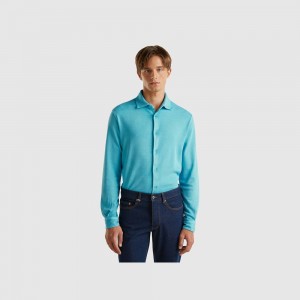 Camisas Benetton pure cotton Hombre Azules Claro | ZREWFQ312