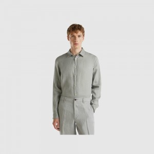 Camisas Benetton pure linen Hombre Grises | FGJZER740