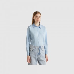 Camisas Benetton stretch cotton blend Mujer Azules | DRMAFS975
