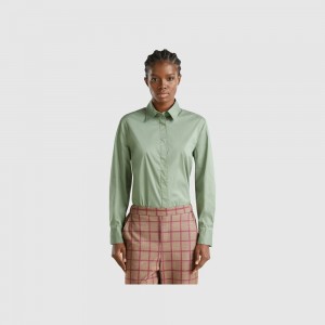Camisas Benetton stretch cotton blend Mujer Verdes Claro | YAHMKD917