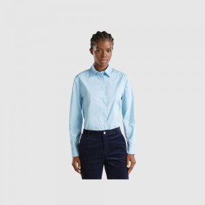 Camisas Benetton stretch cotton blend Mujer Azules Claro | WRQTEL163