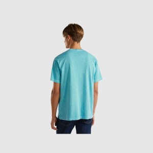 Camiseta Benetton 100% cotton print Hombre Azules Claro | IYFQHS674