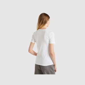 Camiseta Benetton 100% cotton with glitter print logo Mujer Blancos | UARKBY605