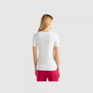 Camiseta Benetton 100% cotton with glitter print logo Mujer Blancos | CSDZVR196