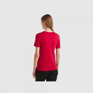 Camiseta Benetton 100% cotton with glitter print logo Mujer Rojos | YWNOBI931