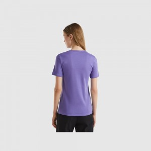 Camiseta Benetton 100% cotton with glitter print logo Mujer Morados | EVOWHI906