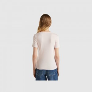 Camiseta Benetton 100% cotton with glitter print logo Mujer Rosas | GBQLPV351