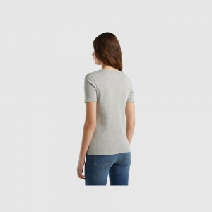 Camiseta Benetton 100% cotton with glitter print logo Mujer Grises Claro | FYLUWQ547