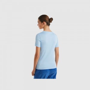 Camiseta Benetton 100% cotton with glitter print logo Mujer Azules Claro | GTHVFR483