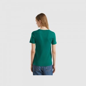 Camiseta Benetton 100% cotton with glitter print logo Mujer Verdes Oscuro | GAQSDF801