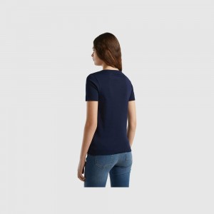 Camiseta Benetton 100% cotton with glitter print logo Mujer Azules Oscuro | JRHFVA256