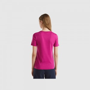 Camiseta Benetton 100% cotton with glitter print logo Mujer Blancos | WGBVQZ635
