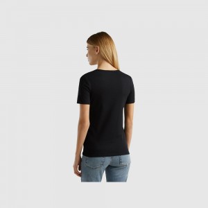 Camiseta Benetton 100% cotton with glitter print logo Mujer Negros | UZVRYK642