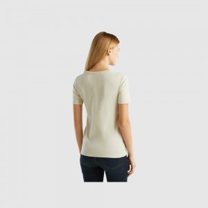 Camiseta Benetton 100% cotton with glitter print logo Mujer Beige | BRUONT457