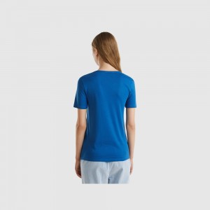 Camiseta Benetton 100% cotton with glitter print logo Mujer Azules | UQZBSD216