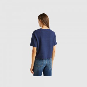 Camiseta Benetton Crew neck pockets Mujer Azules Oscuro | KPREGU930