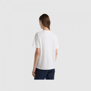 Camiseta Benetton Crew neck slub cotton Mujer Blancos | NFUVMB098