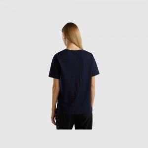 Camiseta Benetton Crew neck slub cotton Mujer Azules Oscuro | RNKGWZ132