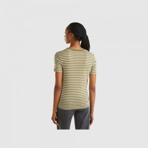 Camiseta Benetton Crew neck striped Mujer Verdes | VQWEJN517