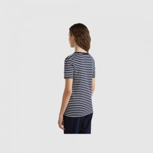 Camiseta Benetton Crew neck striped Mujer Azules Oscuro | MRIKOB627