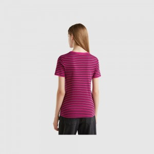 Camiseta Benetton Crew neck striped Mujer Blancos | VCUOXL157