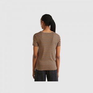 Camiseta Benetton Crew neck striped Mujer Marrom | BTSILJ254