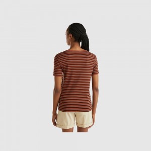 Camiseta Benetton Crew neck striped Mujer Marrom | QTNOHM718