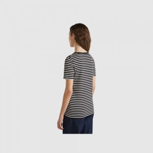 Camiseta Benetton Crew neck striped Mujer Negros | JCHPGY149