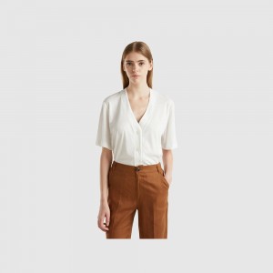 Camiseta Benetton Linen blend cardigan-style Mujer Blancos | LPOWGQ874