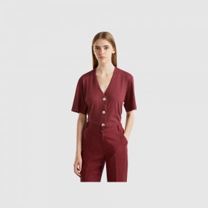 Camiseta Benetton Linen blend cardigan-style Mujer Vino | ESMGLH756