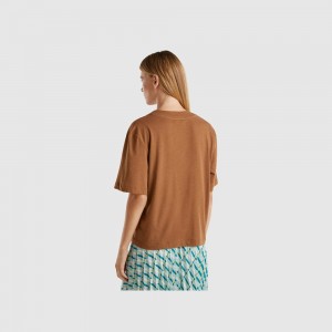 Camiseta Benetton Linen blend cardigan-style Mujer Marrom | PBQDJA856