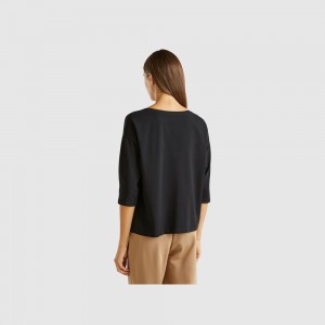 Camiseta Benetton glossy print Mujer Negros | QRPENO935