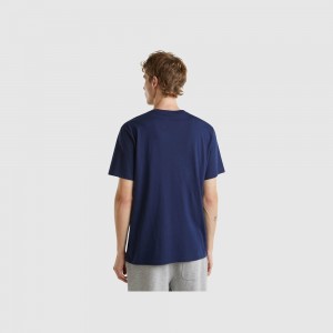 Camiseta Benetton organic cotton with multicolored logo Hombre Azules Oscuro | UKZCGJ283