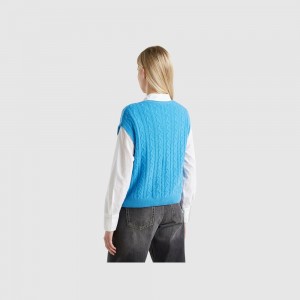 Chaleco Benetton Boxy fit cable knit and perforations Mujer Azules Claro | TWGNVQ943