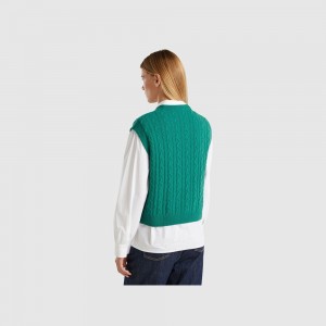 Chaleco Benetton Boxy fit cable knit and perforations Mujer Verdes Oscuro | OGAMDH269