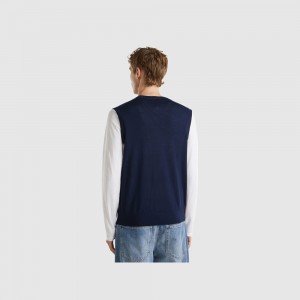 Chaleco Benetton pure Merino wool Hombre Azules Oscuro | GJRHVN978