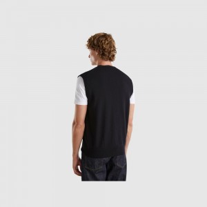 Chaleco Benetton pure Merino wool Hombre Negros | JPHXBO023