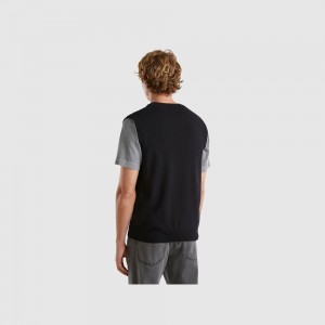 Chaleco Benetton pure Merino wool Hombre Negros | IWETCJ540