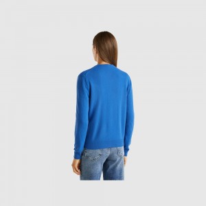 Cárdigan Benetton Air force crew neck pure Merino wool Mujer Azules | BDXUCZ685