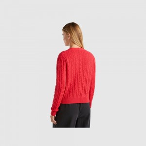 Cárdigan Benetton Boxy fit cable knit and perforations Mujer Rojos | CJPGAB416
