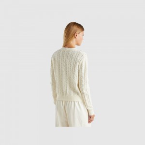 Cárdigan Benetton Boxy fit cable knit and perforations Mujer Blancos | VENSLH095