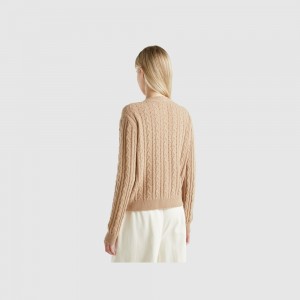 Cárdigan Benetton Boxy fit cable knit and perforations Mujer Marrom | USGCKX852