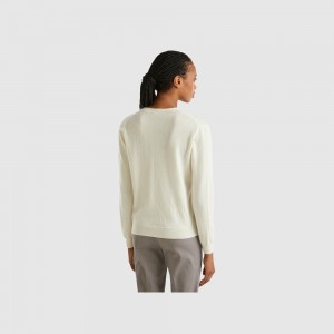 Cárdigan Benetton Creamy V- neck pure Merino wool Mujer Blancos | LSOTYG870