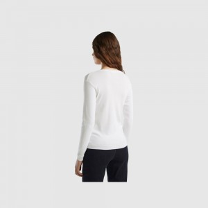 Cárdigan Benetton Crew neck pure cotton Mujer Blancos | HGKVLU627
