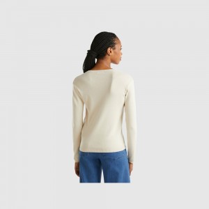 Cárdigan Benetton Crew neck pure cotton Mujer Beige | ZNYLXU052