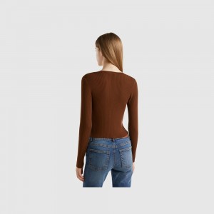 Cárdigan Benetton Cropped cardigan with laces Mujer Marrom Oscuro | IMBQNG824