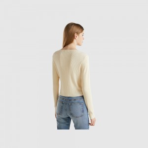 Cárdigan Benetton Cropped cardigan with laces Mujer Blancos | BRZIKG284
