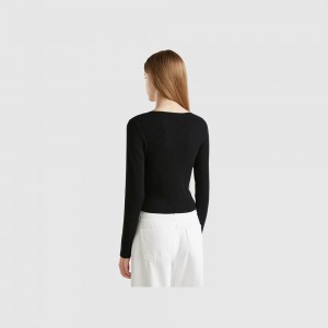 Cárdigan Benetton Cropped cardigan with laces Mujer Negros | XZFTDU186