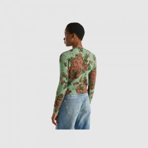 Cárdigan Benetton Floral recycled yarn Mujer Verdes Claro | XWECQP318